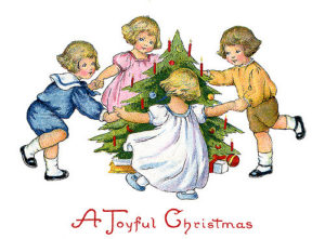 Children dancing around the decorated Christmas tree - a 1918 vintage greeting card, with the greeting, ''A Joyful Christmas''